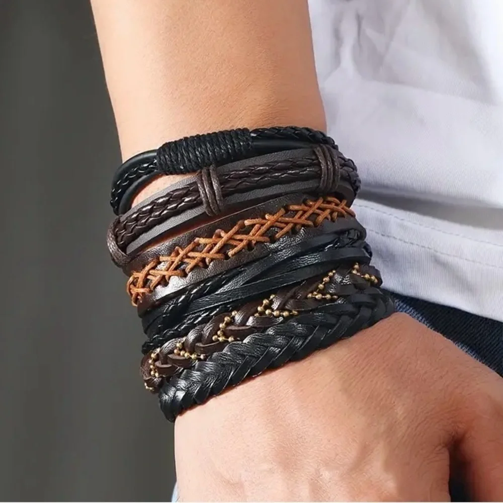Men's Hand-woven Multi-layer Leather Set Bracelet.  All bracelets are Adjustable